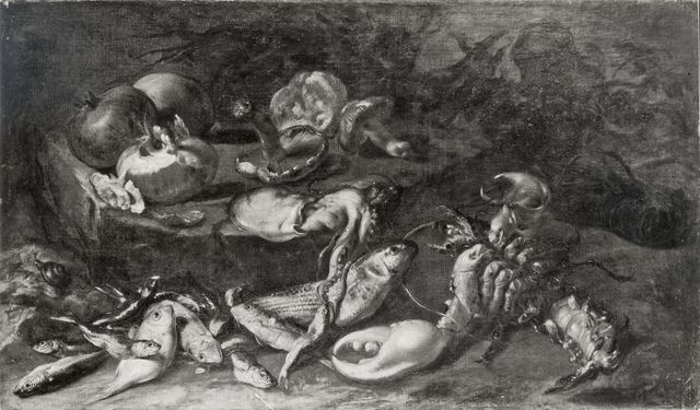 Anonimo — Boselli Felice - sec. XVII/ XVIII - Natura morta con pesci, aragosta, funghi e melagrane — insieme